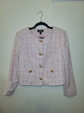 NWT Express Pink Bouclé Tweed Cropped Jacket Gold Crest Buttons Size Medium